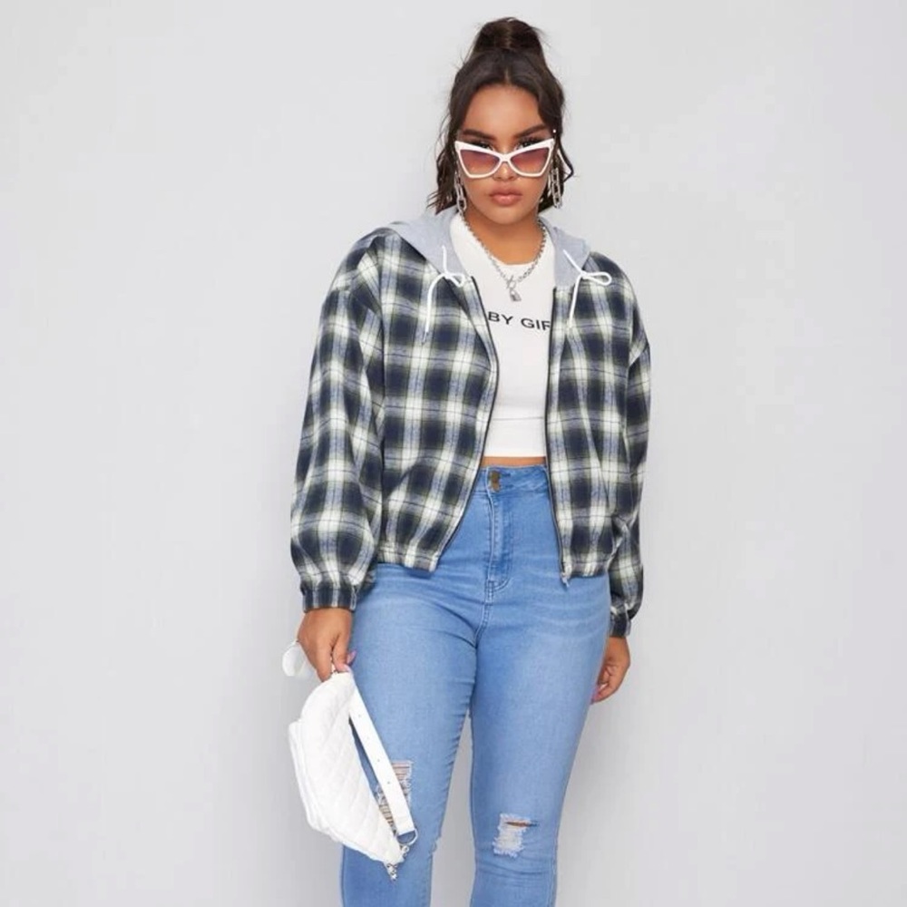 Plaid Drawstring Hooded Jacket - Picture 4 of 5